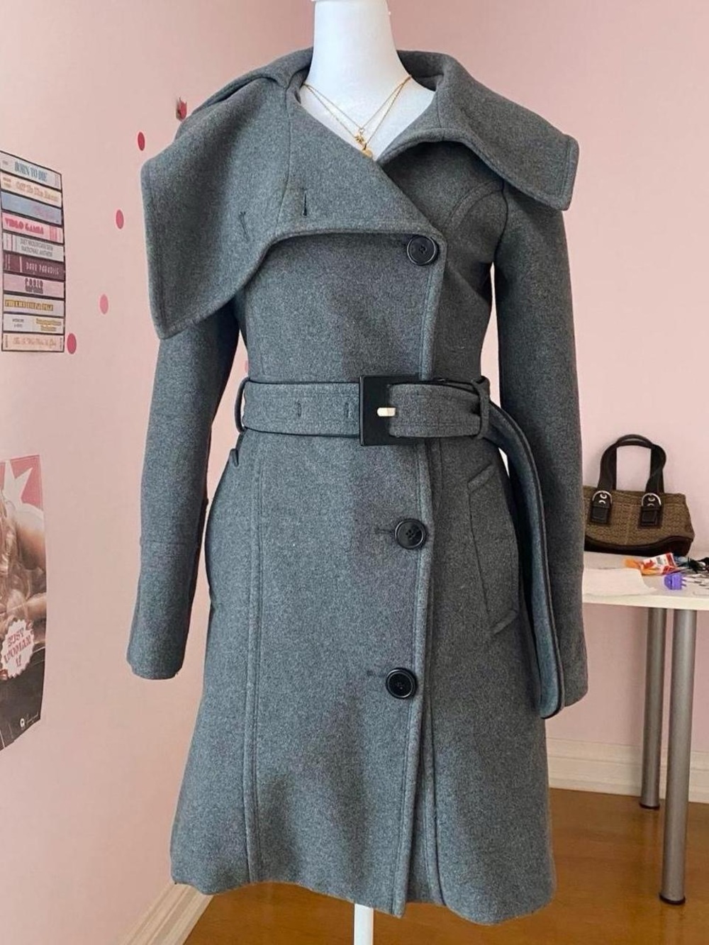 y2k grey wool blend belted wrap coat with buttons by simons twik